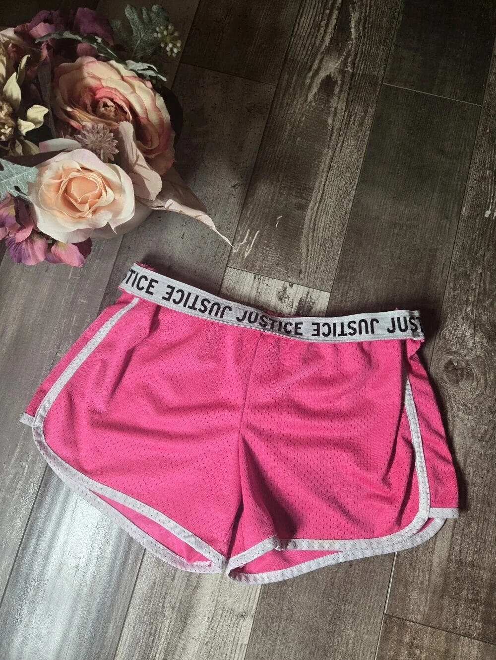 Justice Girls Pink Athletic Mesh Shorts with White Contrast Trim Size 16